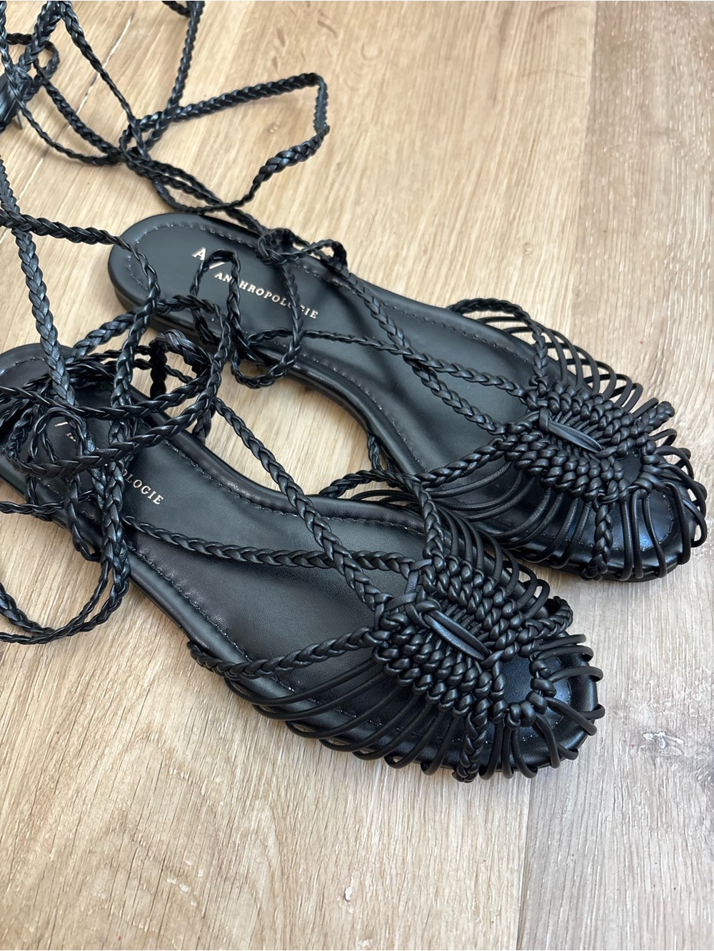 Anthropologie Black Braided Wrap Sandals Gladiator Womens Size 38 7.5